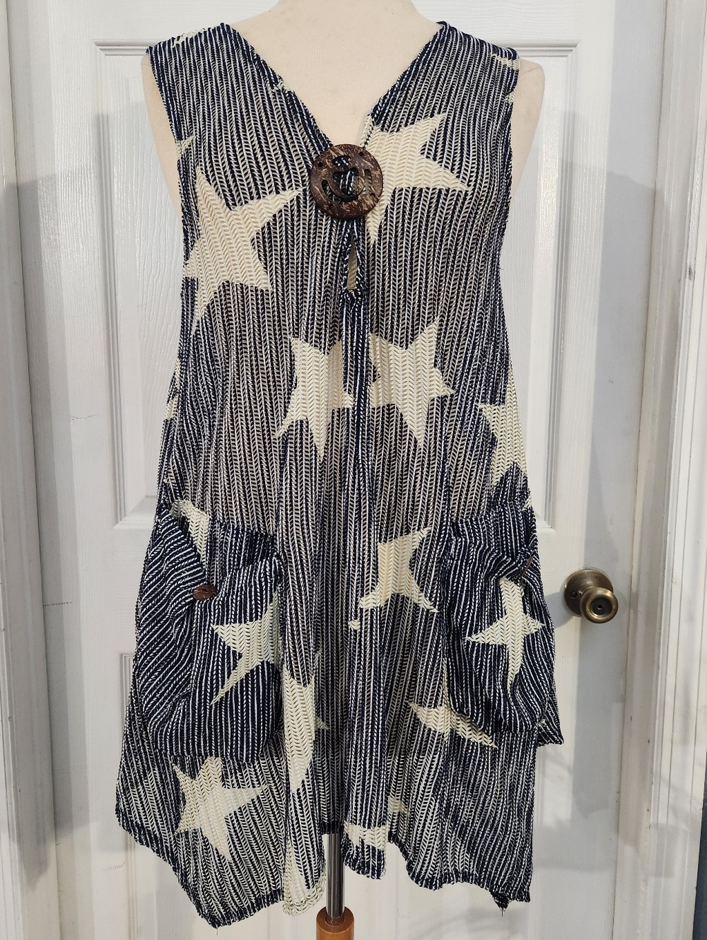 Star Print Tunic Dress in Navy and Cream
